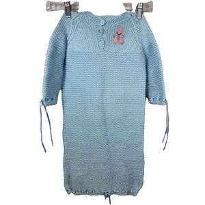 Vintage Baby Blue Hand‎ Knit Bunny Gown Sleeper Newborn Infant Dainty